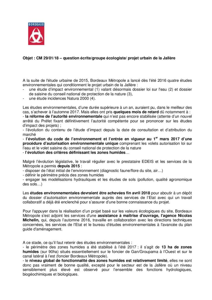 Réponse de la mairie de Bordeaux à notre question écrite sur le projet urbain de la Jallère